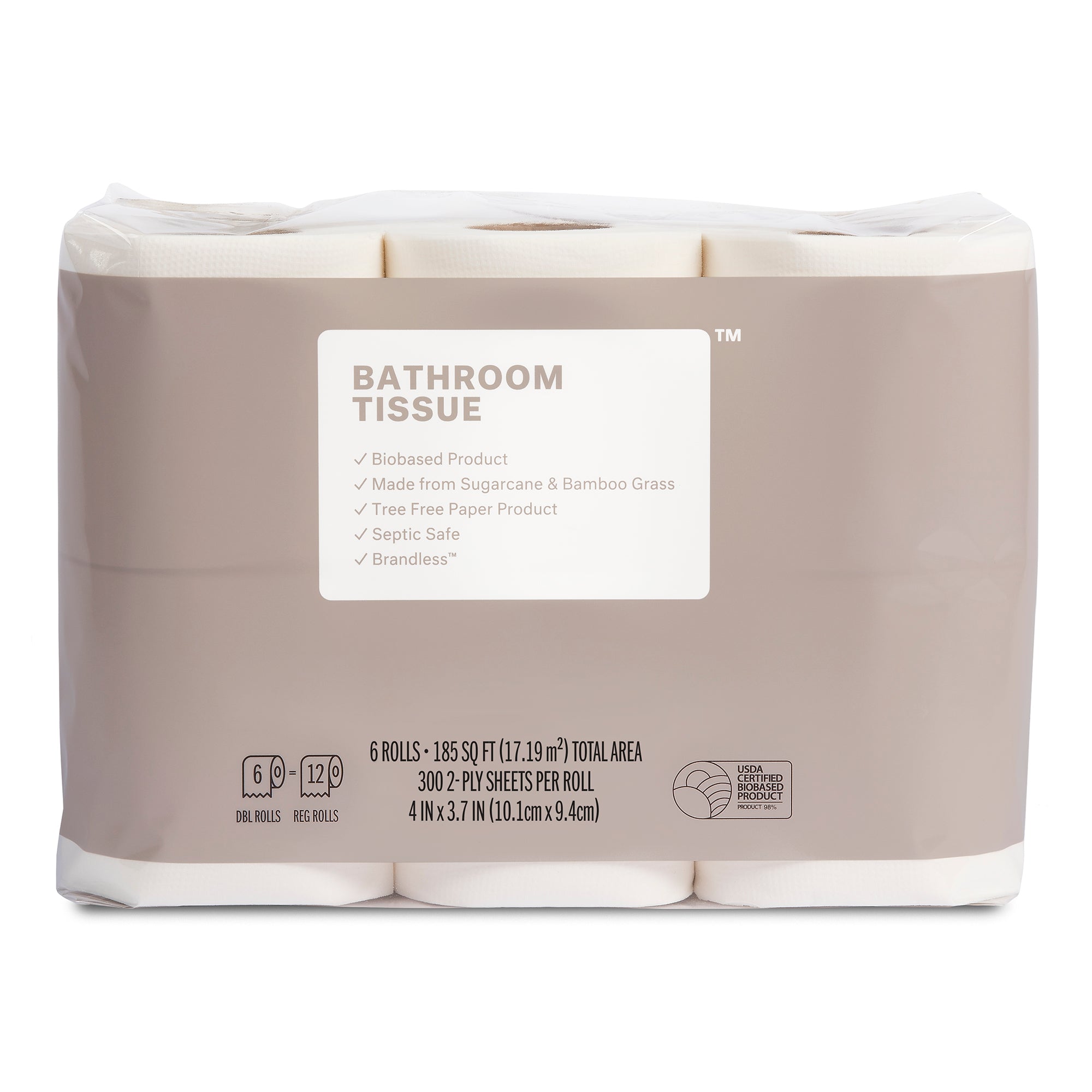 Front view: Bathroom Tissue: biobased product, made from sugarcane and bamboo, tree free paper product, spetic safe, brandless. Contains six 300-sheet rolls. 185 SQ FT (17.19m^2) total area.  300 2-ply sheets per roll.