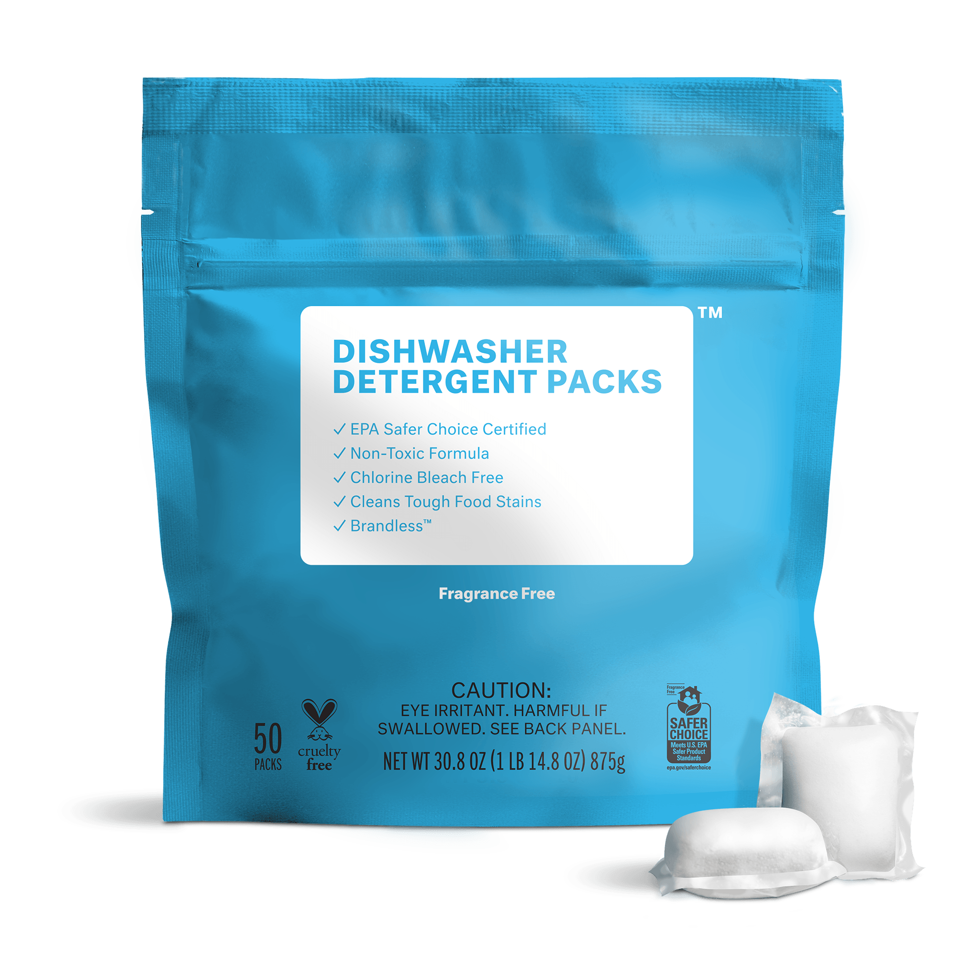 Dishwasher detergent packs. EPA safer choice certified.d non-toxic formula. chlorine bleach free. cleans tough food stains. brandless. fragrance free. NET WT 30.8 OZ (1 LB 14,8 OZ) 875g