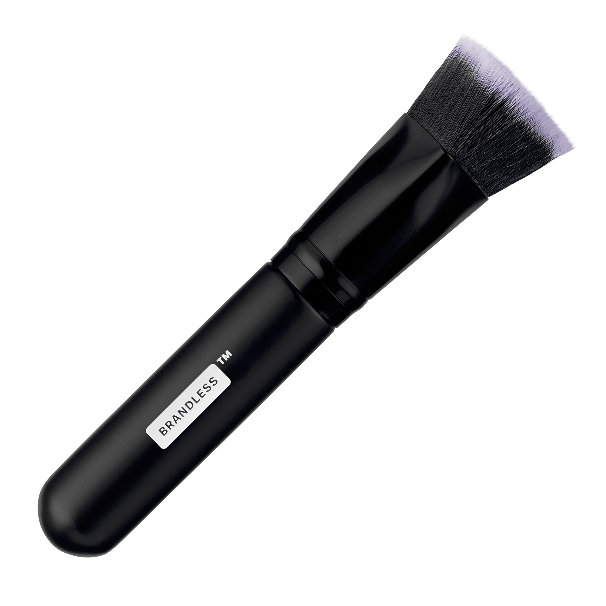 Front view, vegan dense foundation brush with black wood handle. Brandless.