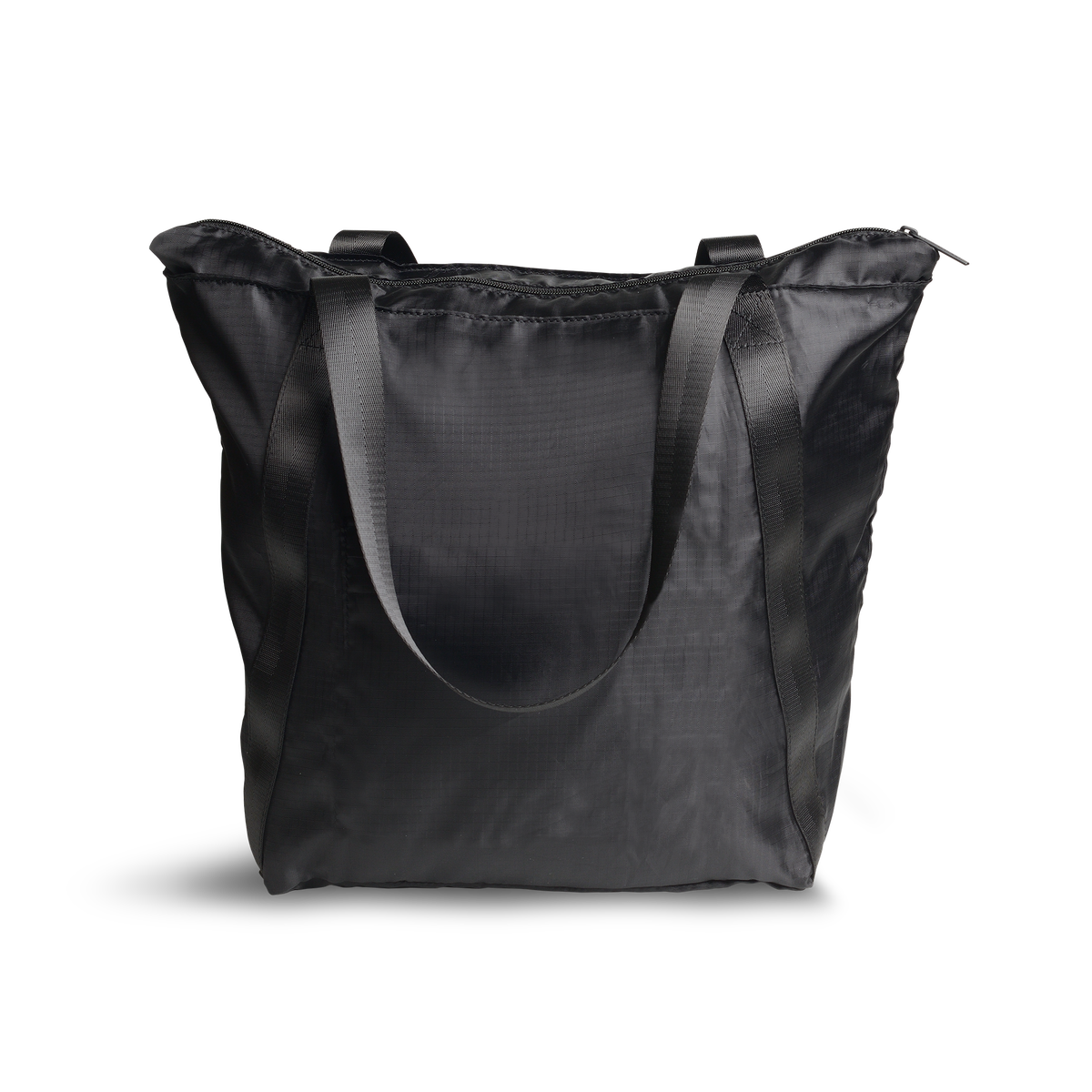 Front view, foldable tote bag, in black.