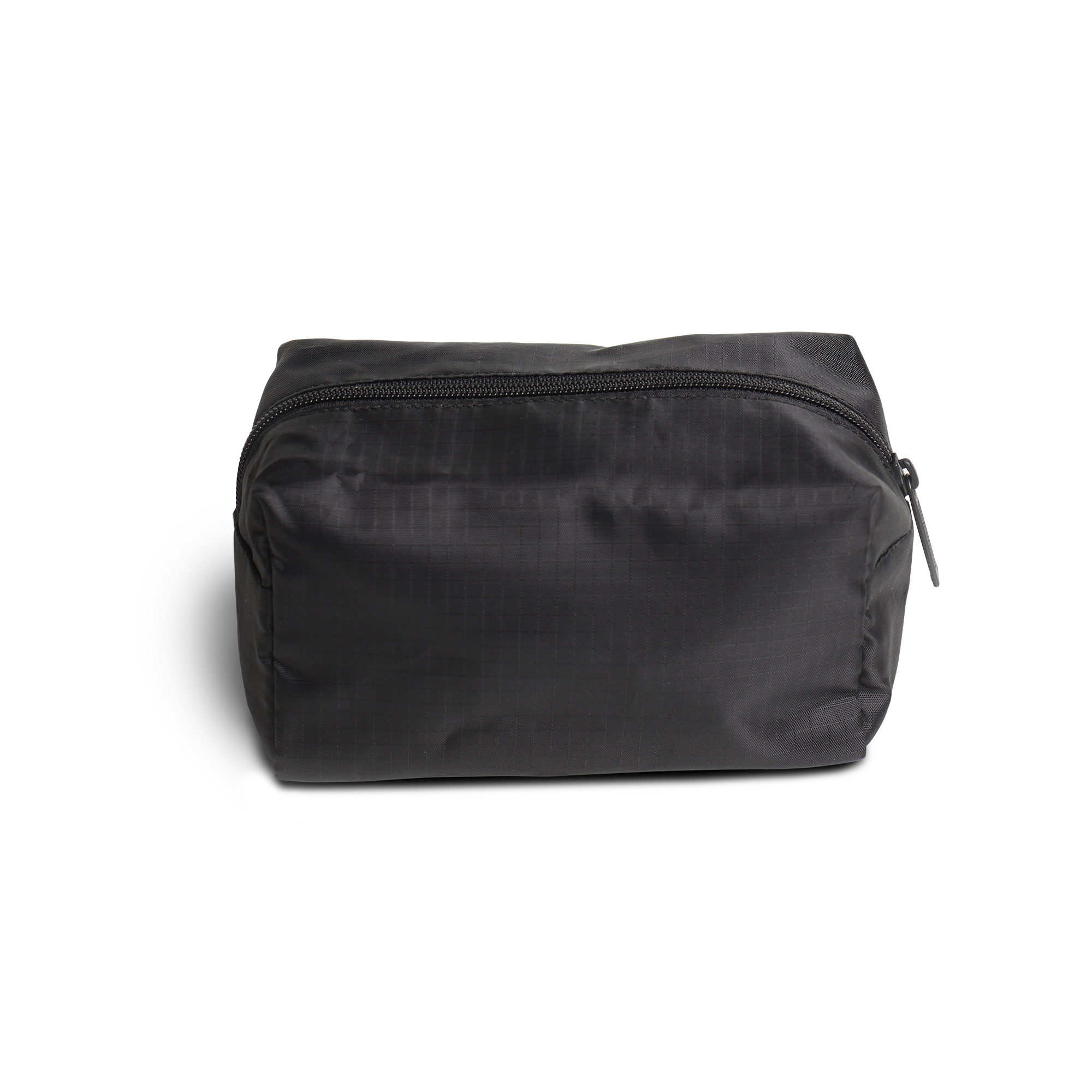 Front view, full zippered travel pouch, closed, in black.