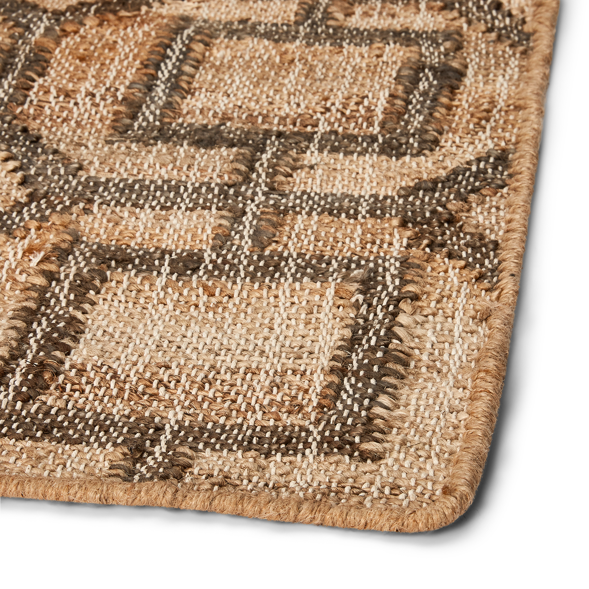 Top view, Fern hand-woven Jute and natural charcoal goemetric patterned rug.