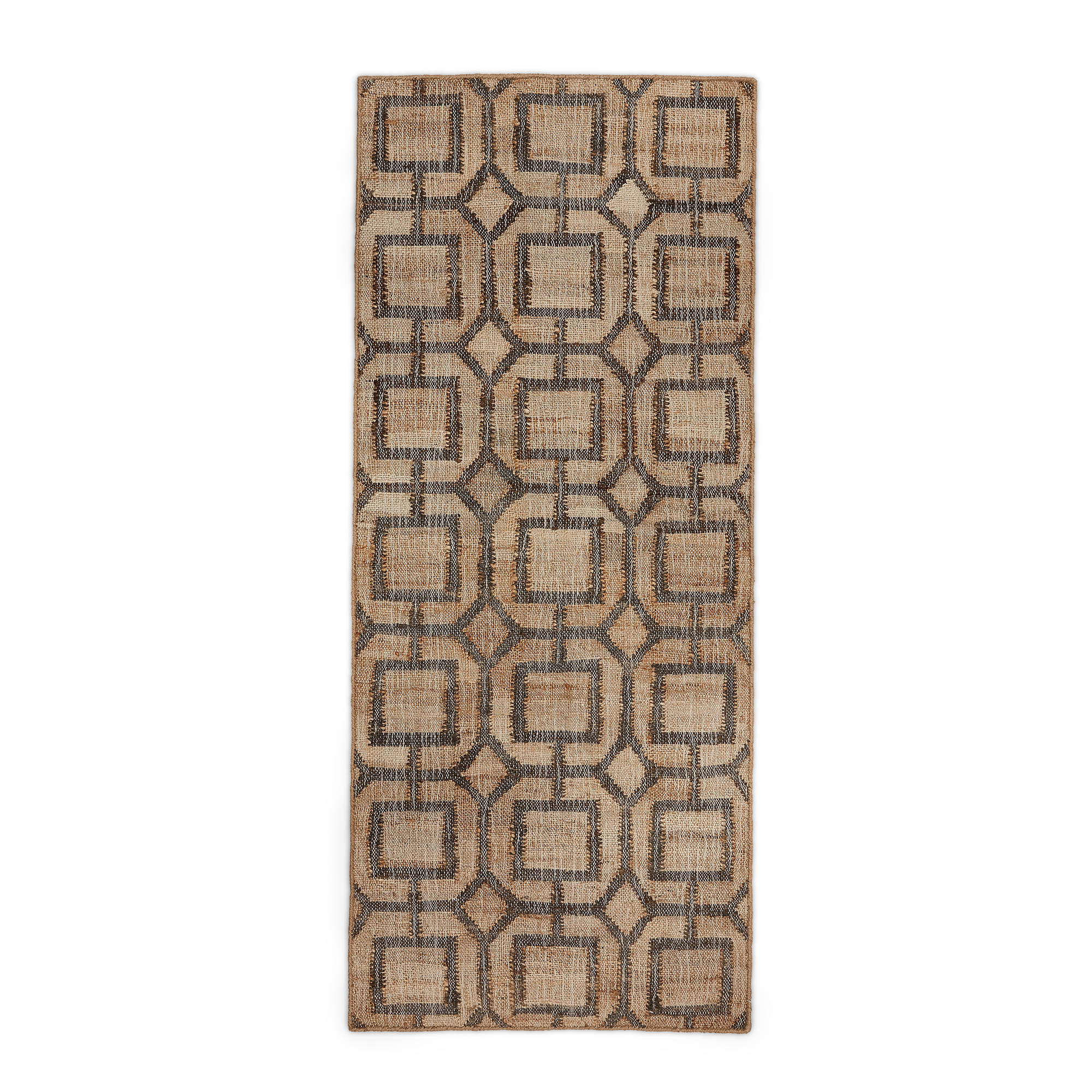 Top view, Fern hand-woven Jute and natural charcoal goemetric patterned runner.