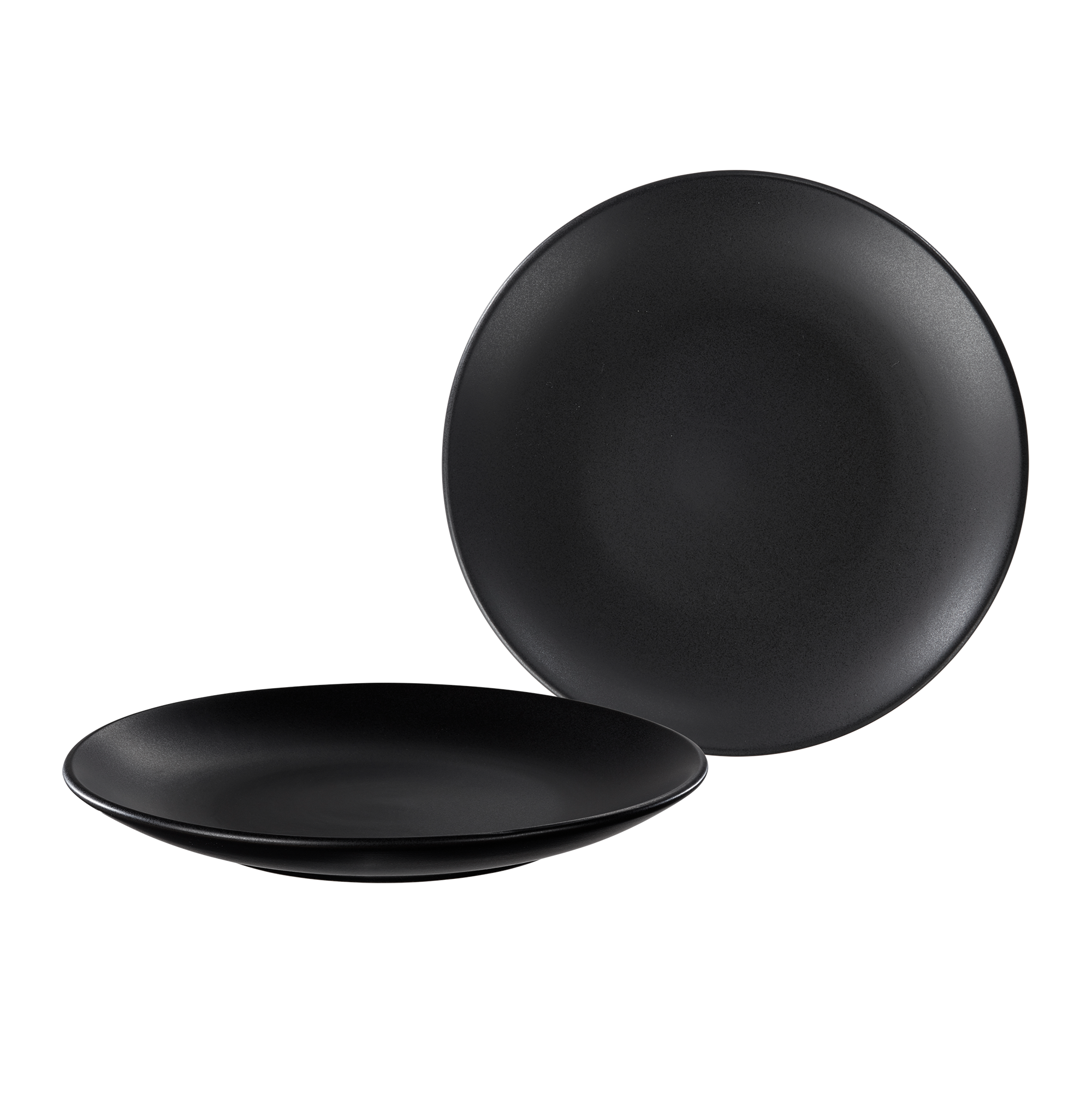 Product photo, black stonware salad plate flat and one upright showing the size and rim curvature of the plates.