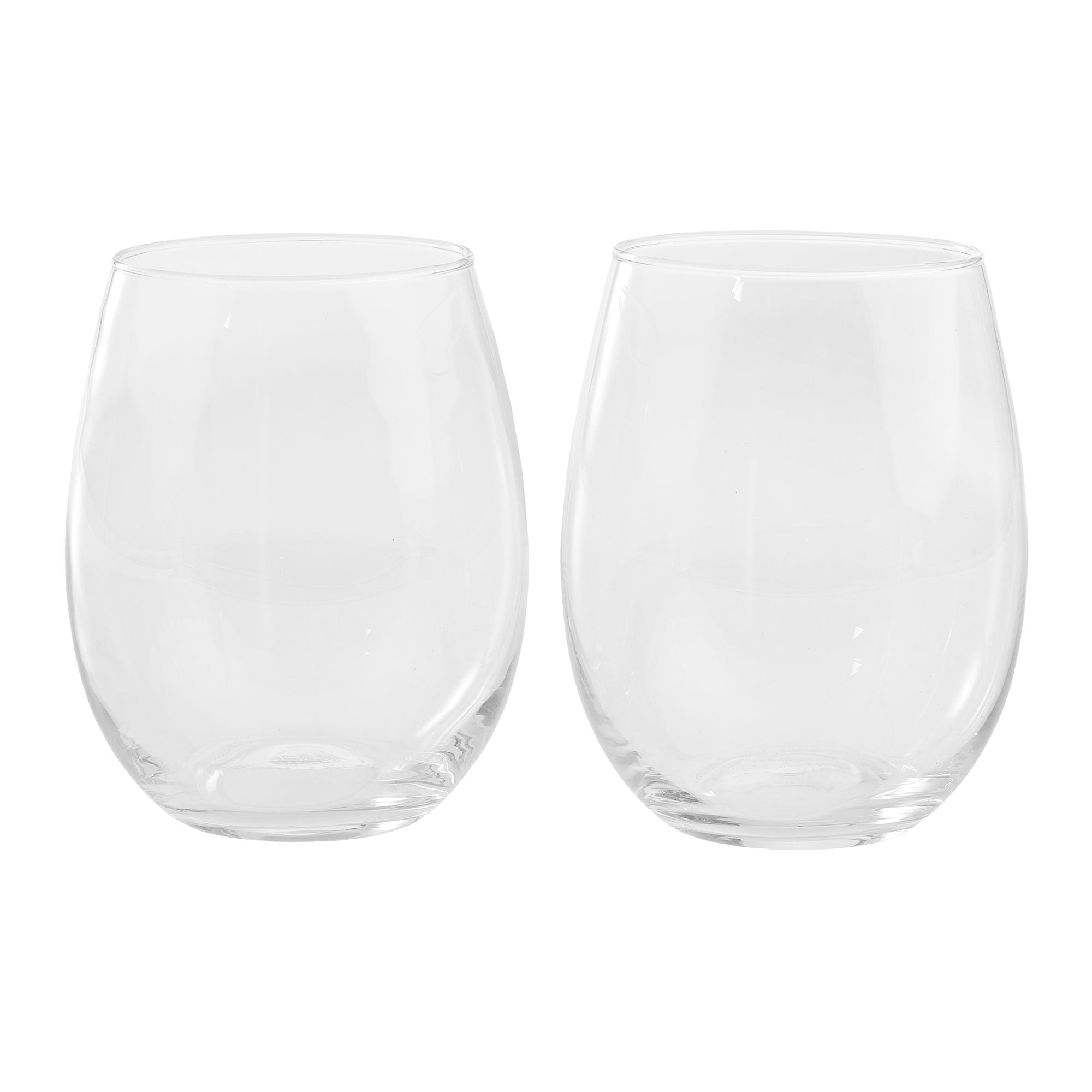 Side view, a pair of stemless wine glasses.