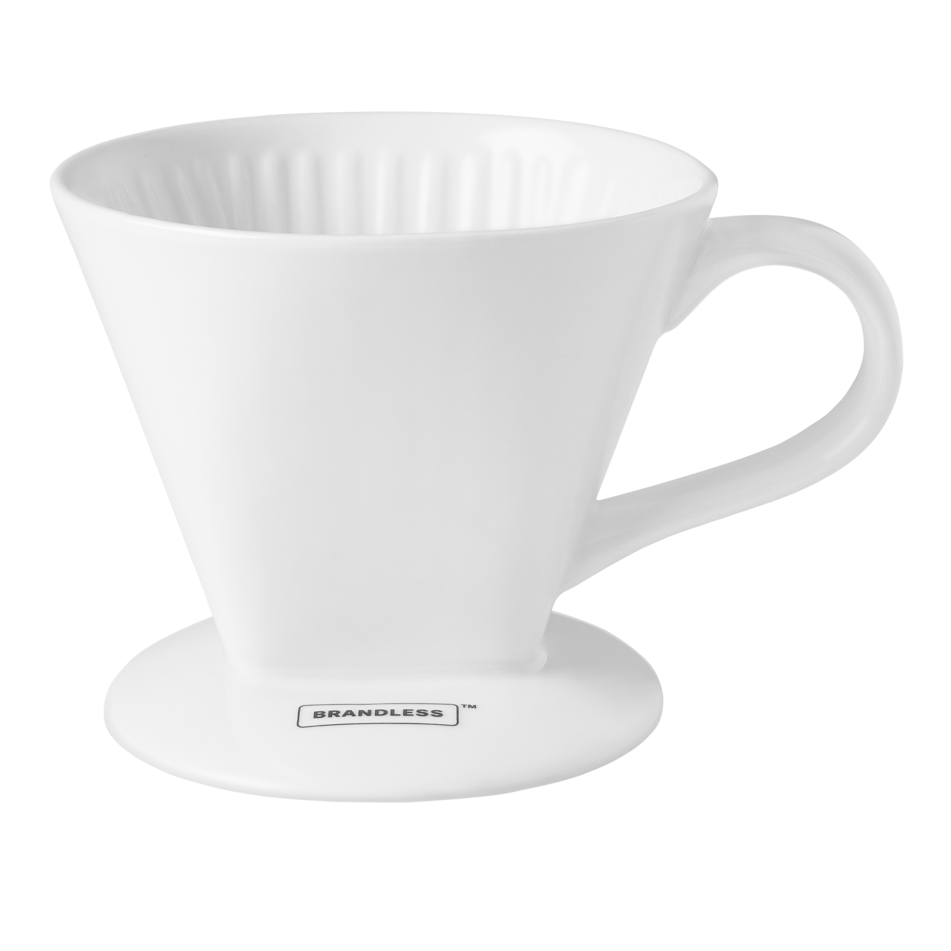 Front view, brandless white porcelain pour-over cofee cone. Includes fluted interior surface and, handle, and no-splash heat-keeping cup lid