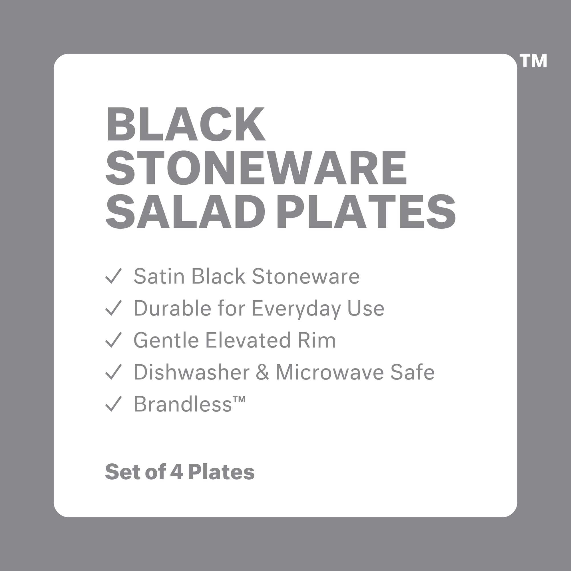 Product photo, three stacked black stoneware salad plates and one upright salad plate showing the size and rim curvature of the plates.