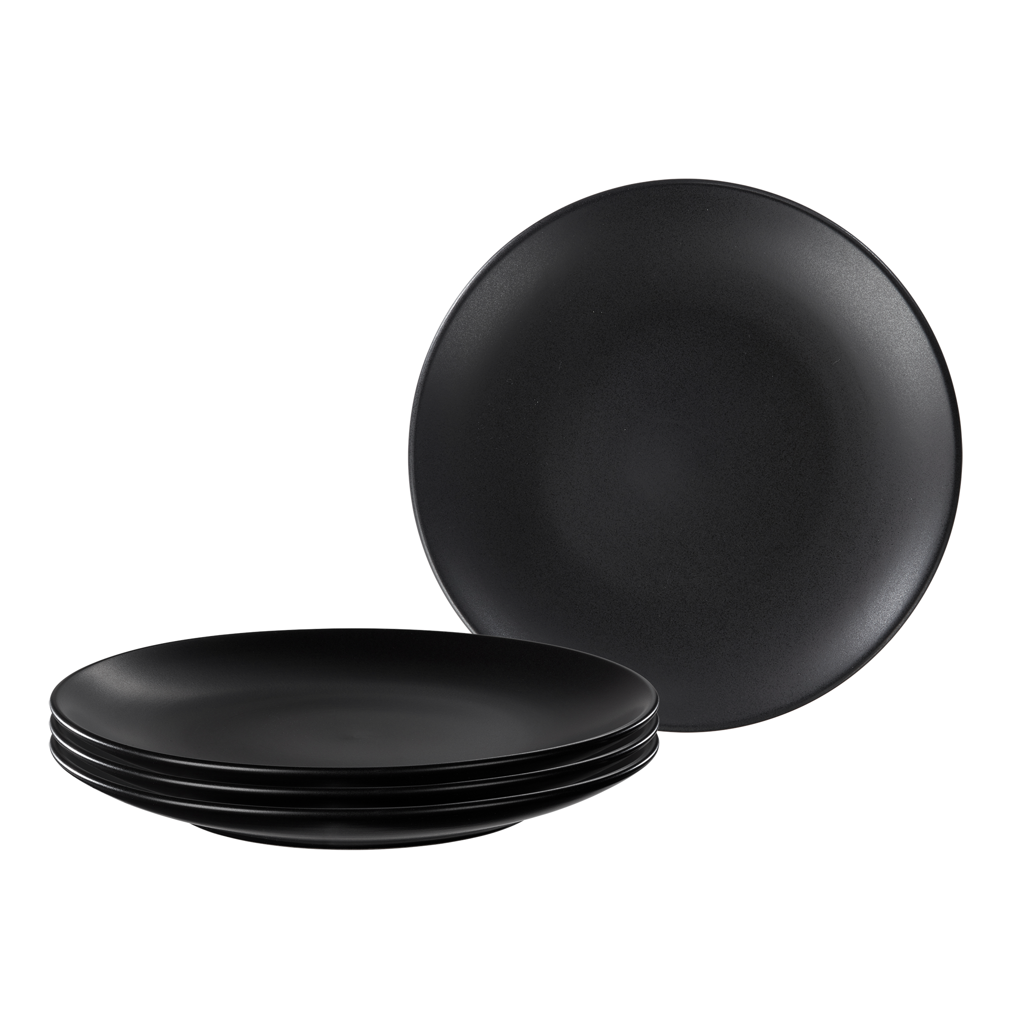 Product photo, three stacked black stoneware salad plates and one upright salad plate showing the size and rim curvature of the plates.