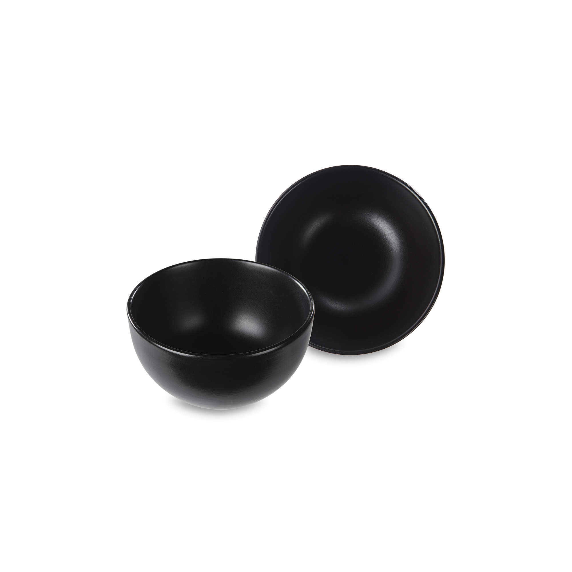 Product photo, set of two black stoneware ceral bowls.