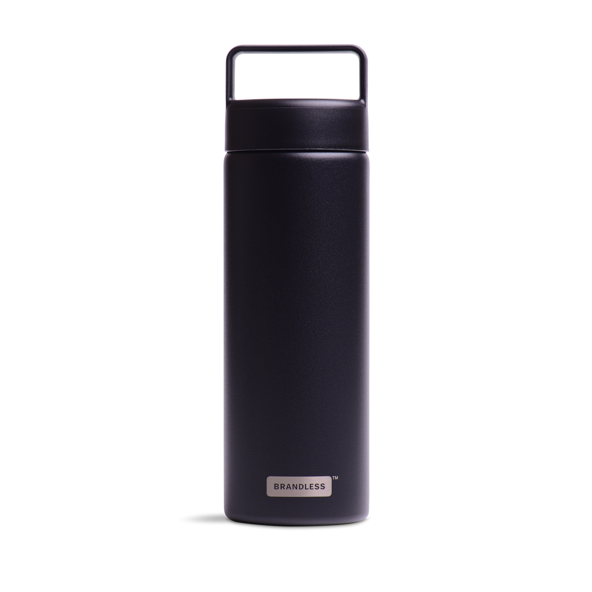 Front view, brandless stainless steel water bottle with screw lid in black.