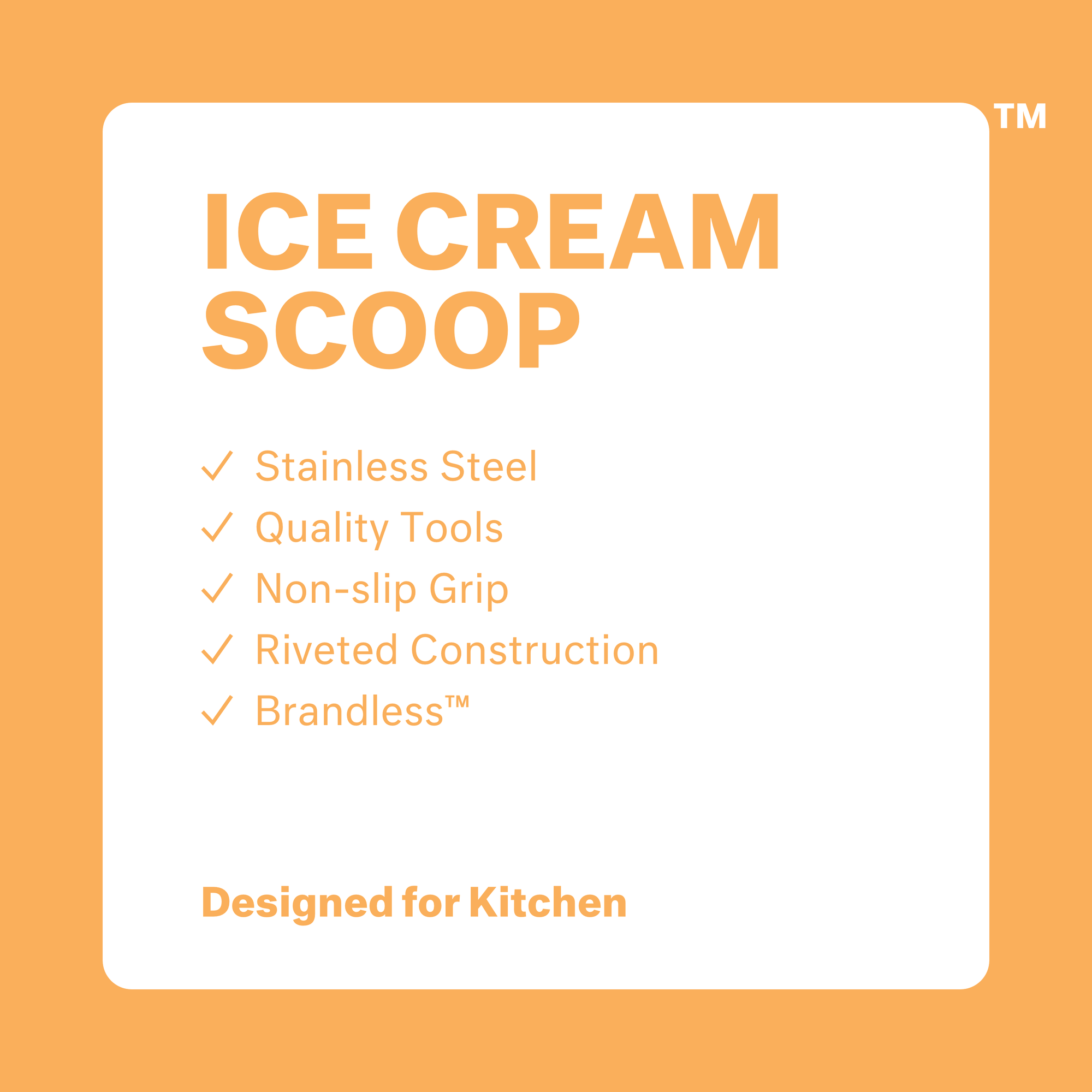 Ice Cream Scoop: stainless steel, quality tools, non-slip grip, riveted construction, Brandless. Designed for kitchen.