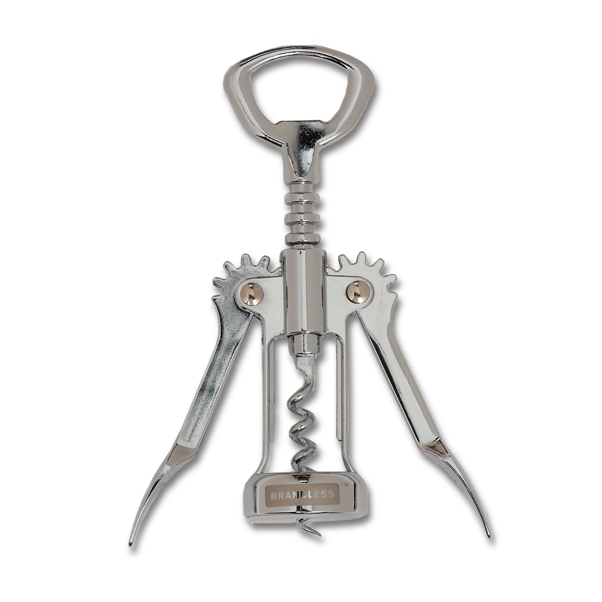 Front view, Brandless chrome-colored gear-arm corkscrew with bottle opener.