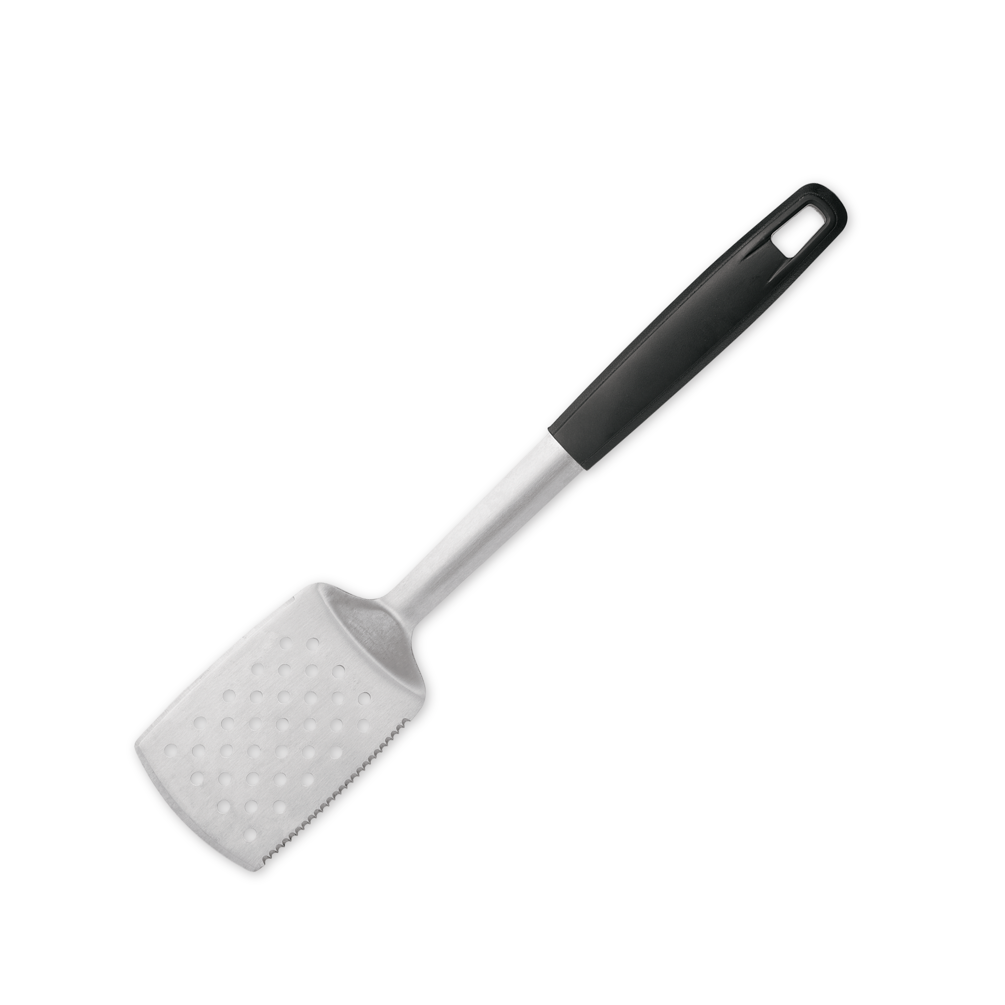 Grill spatula. Stainless steel. Large perforated blade. Non-slip nylon handle. Serrated edge for cutting. Brandless. Designed for outdoor grills.