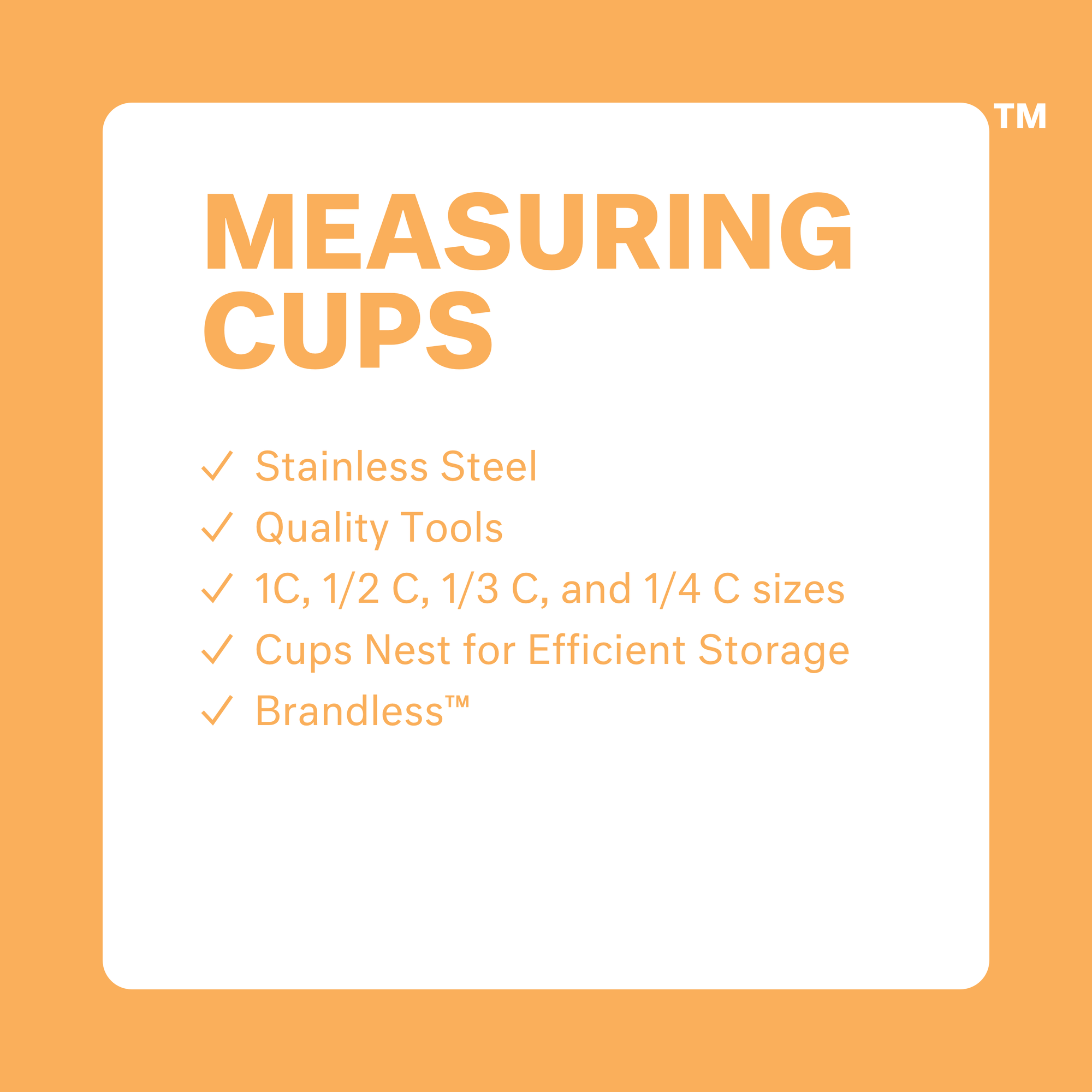 Product photo, showing all four sizes of stainless steel measuring cups.