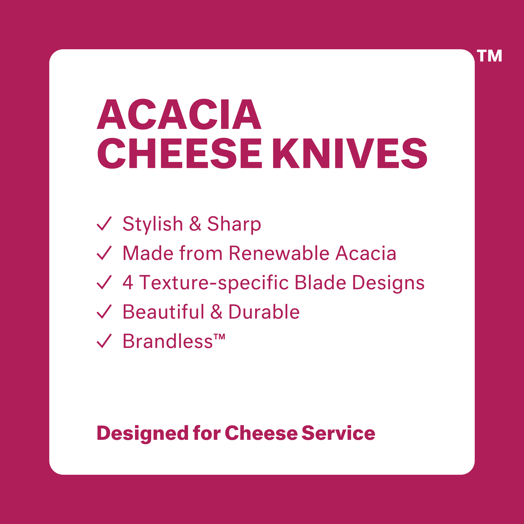 Product photo, detail of the 4 differently shaped knives in the acacia cheese knife set, each designed for slicing and serving different textured cheeses.