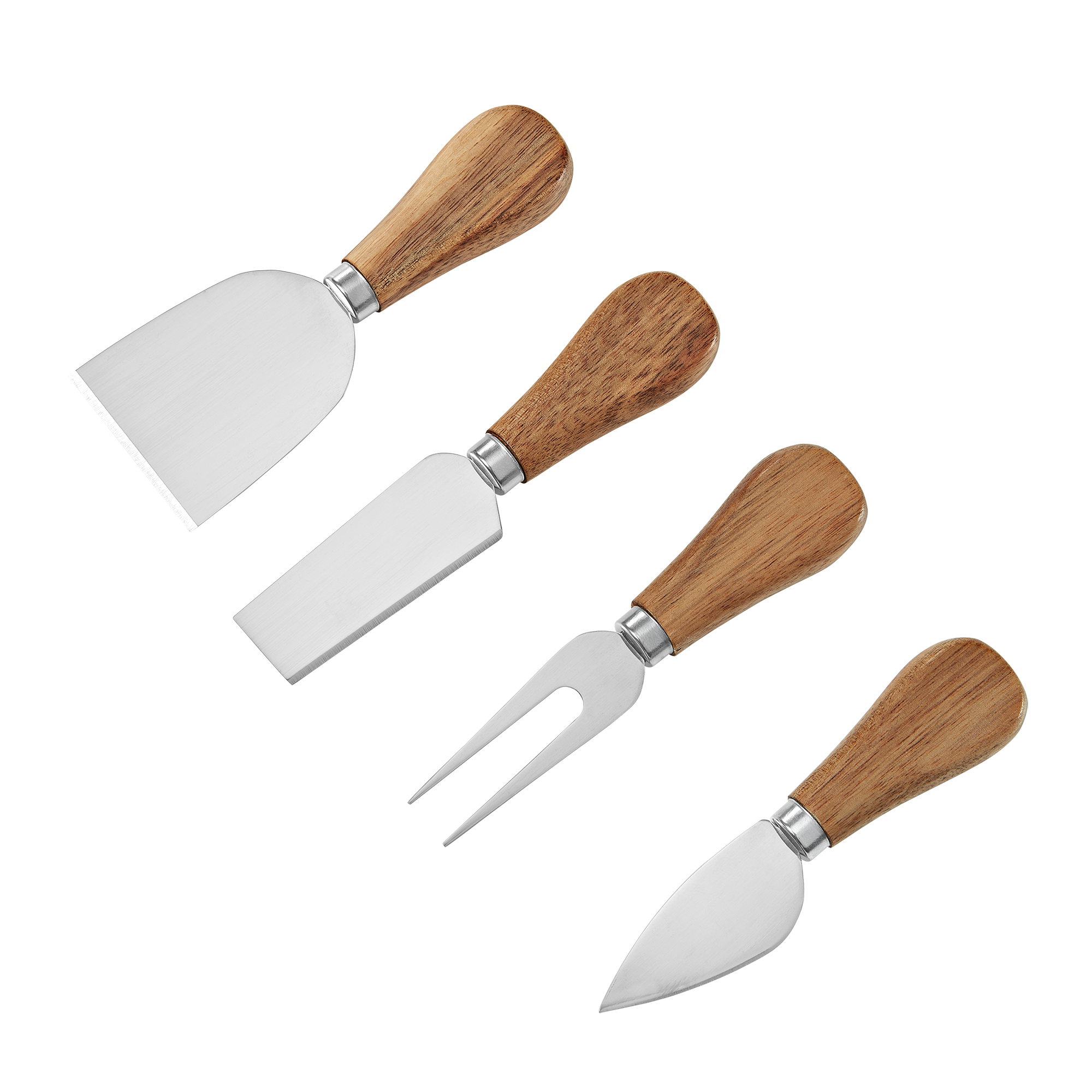 Product photo, detail of the 4 differently shaped knives in the acacia cheese knife set, each designed for slicing and serving different textured cheeses.