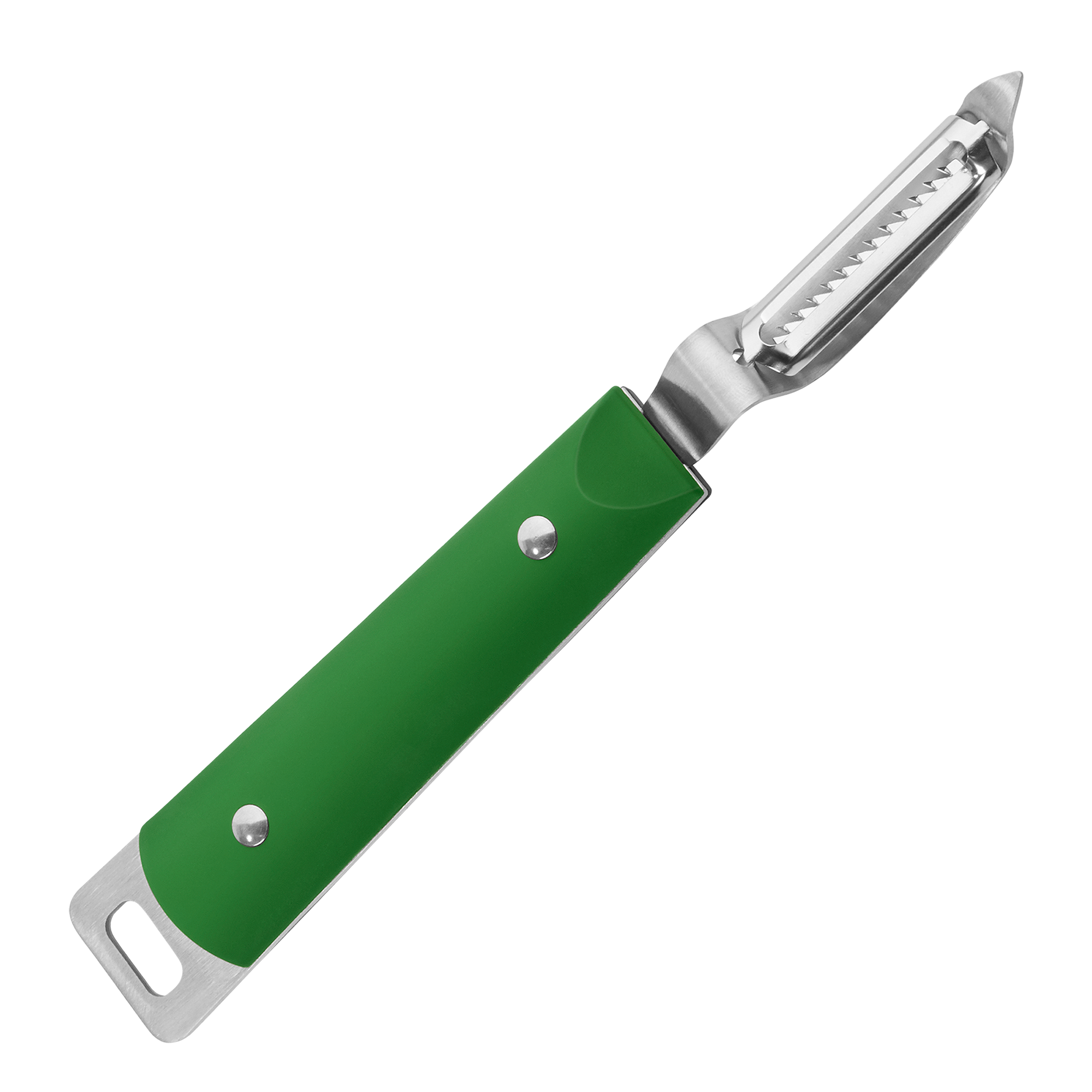 Julienne Peeler: stainless steel, 12 free-pivoting blades, non-slip grip, built-in potato eye remover. Brandless. Designed for kitchen. Green handle.