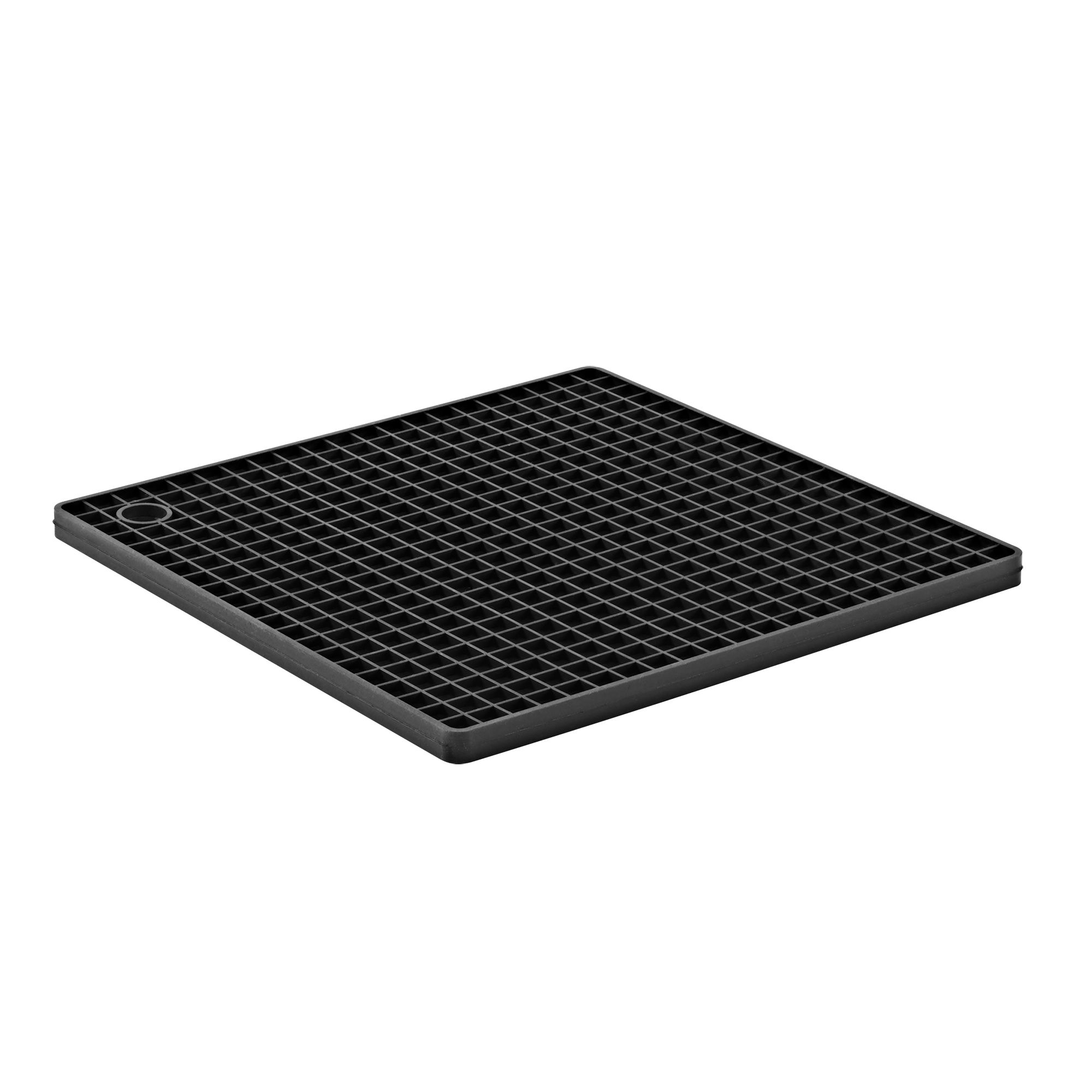 3/4 view, black silicone trivet showing grid pattern and hanging hole.