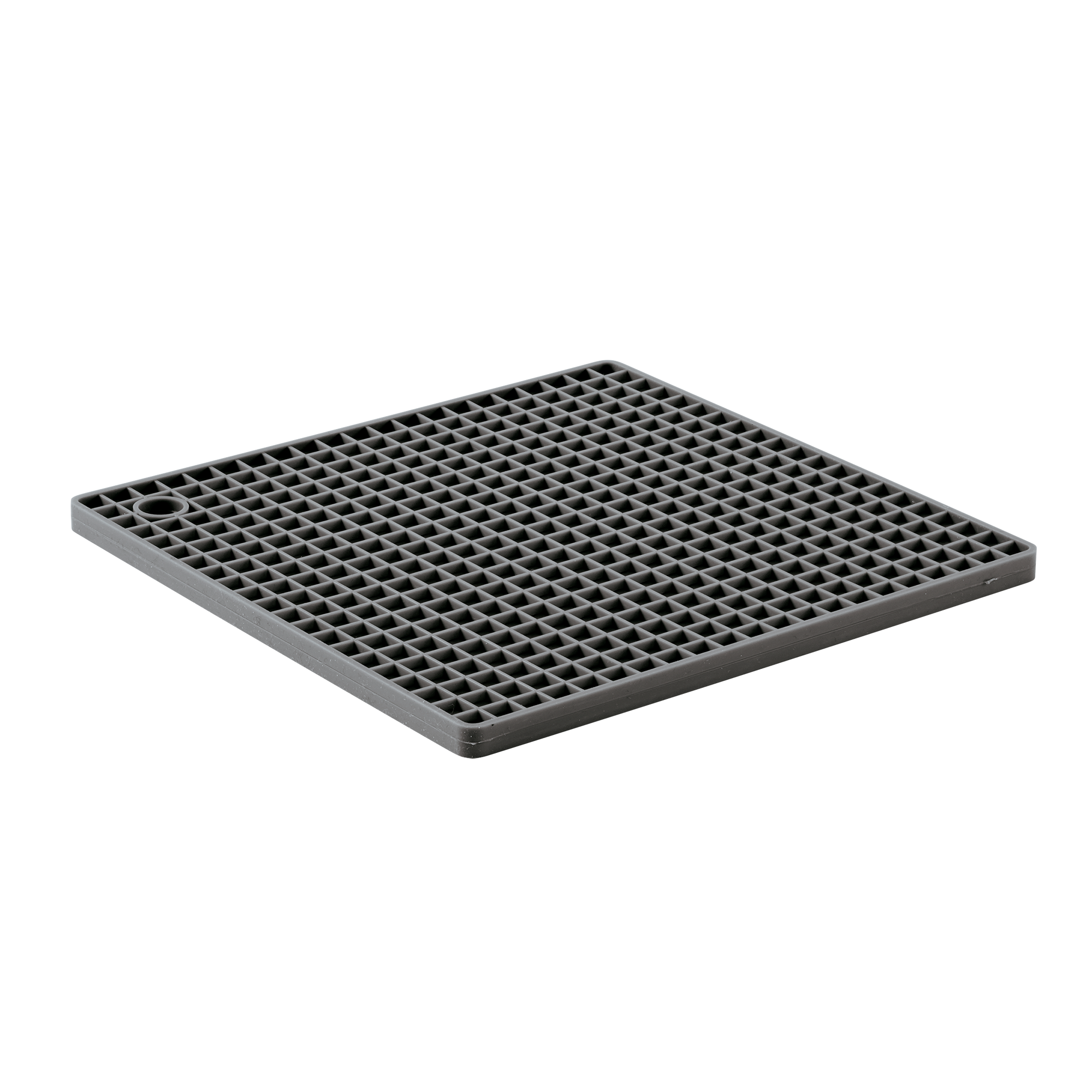 3/4 view, gray silicone trivet showing grid pattern and hanging hole.