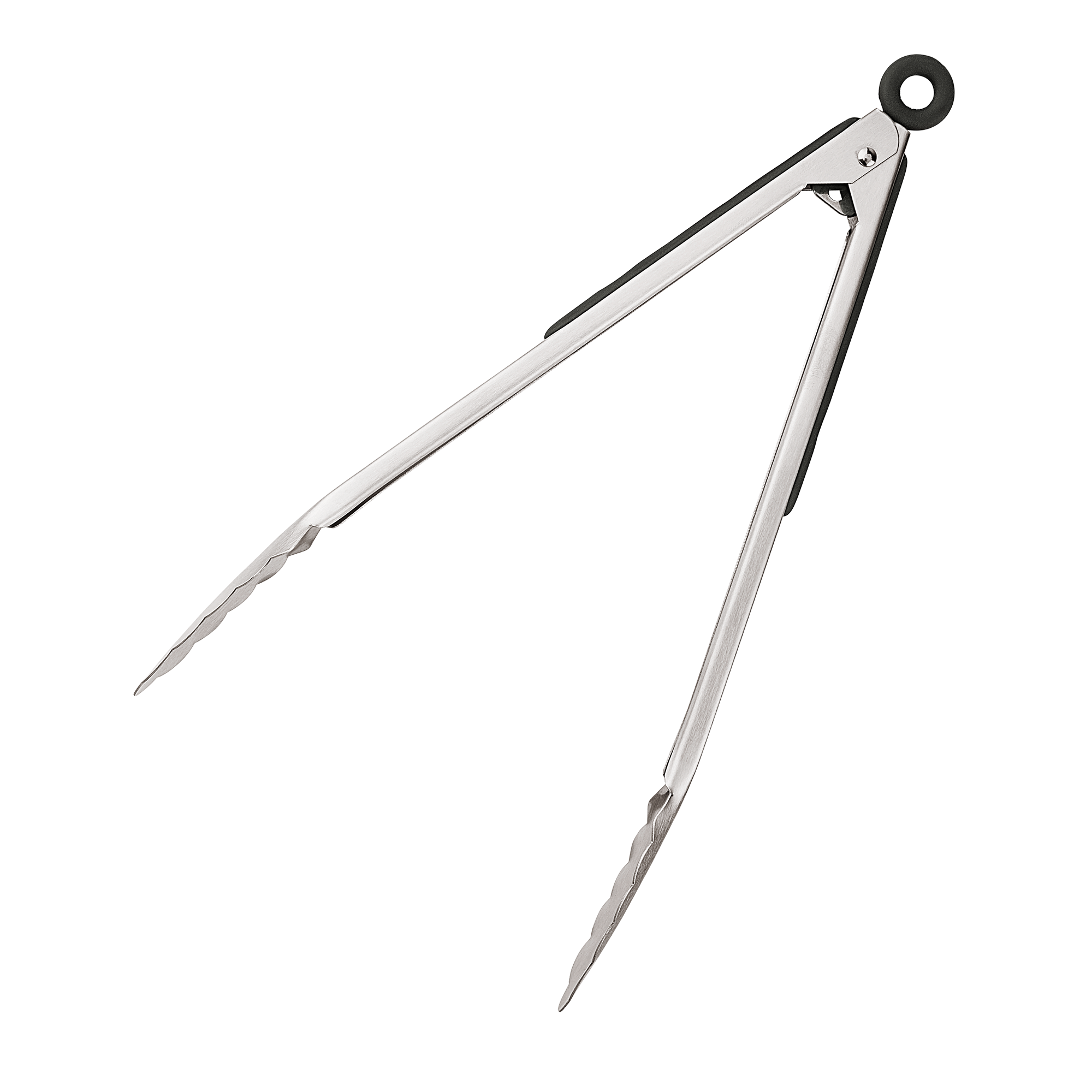 Product photo, side view, 12 inch stainless steel tongs in their open position.