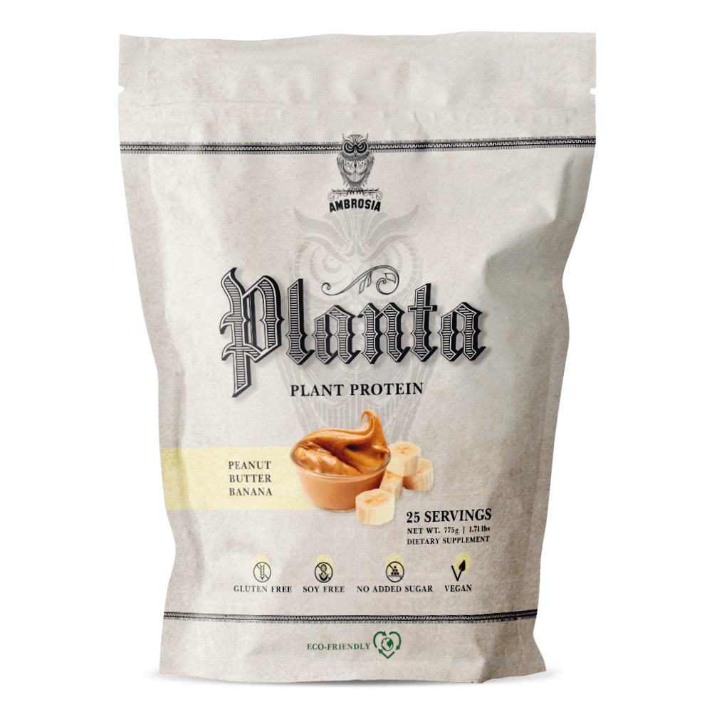 Peanut Butter Banana Planta, 25 servings. Net weight 775g, 1.71lbs.. Dietary Supplement. Gluten Free, soy free, no added sugar, vegan, eco-friendly.