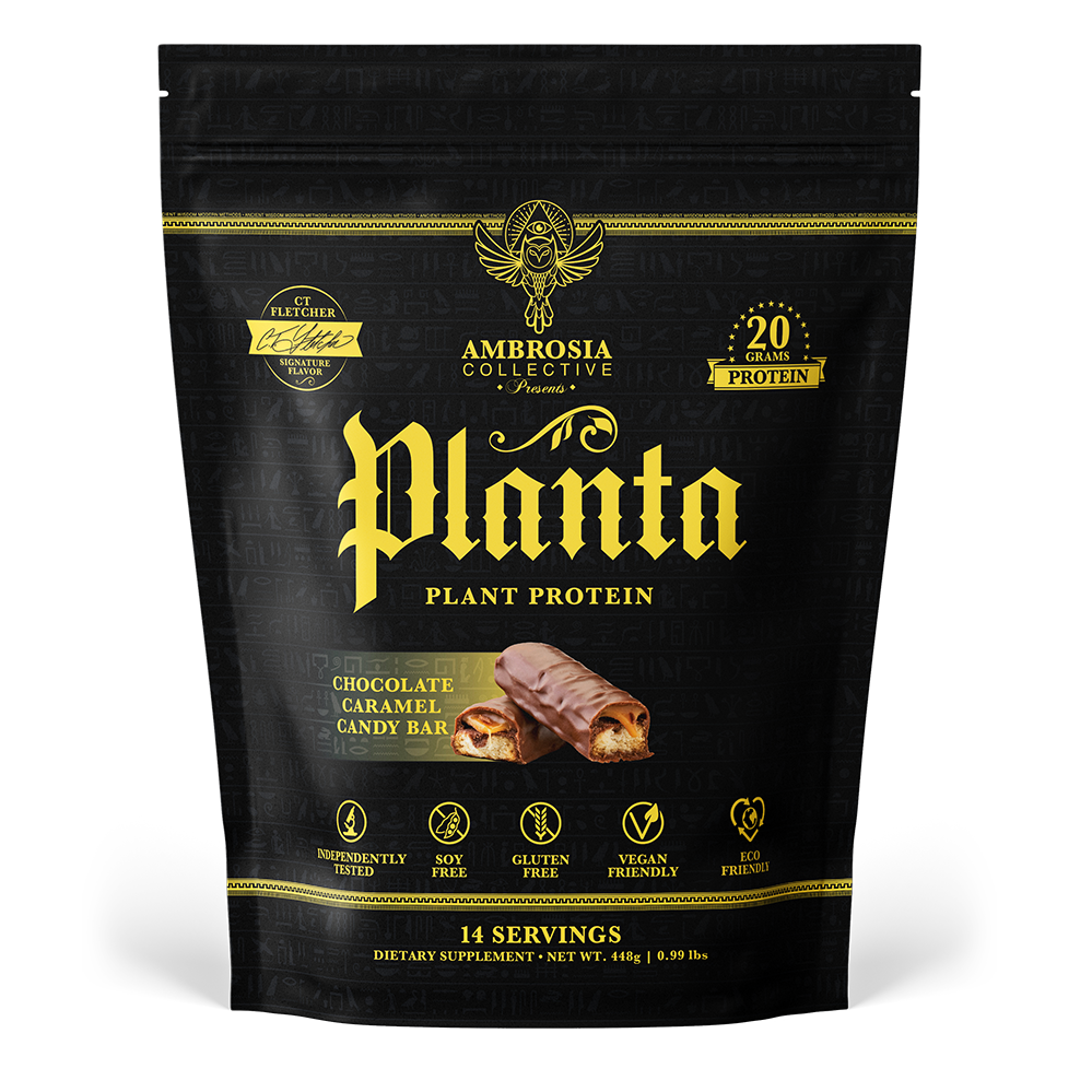 Chocolate Caramel Candy Bar Planta, 14 servings. Net weight 448g, 0.99 lbs.. Dietary Supplement. Gluten Free, soy free, vegan, eco-friendly.