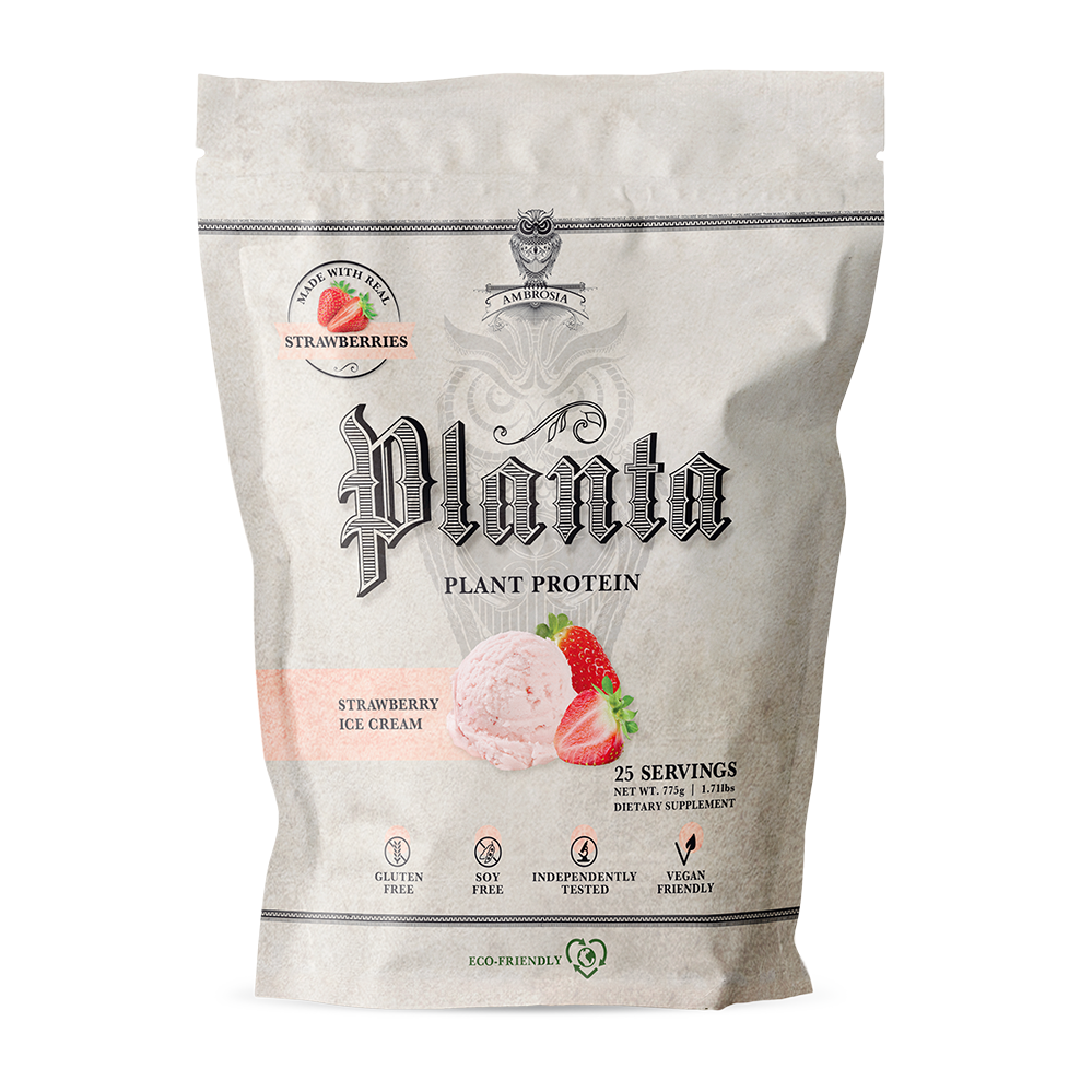 Strawberry Ice Cream Planta, 25 servings. Net weight 775g, 1.71lbs.. Dietary Supplement. Gluten Free, soy free, no added sugar, vegan, eco-friendly.