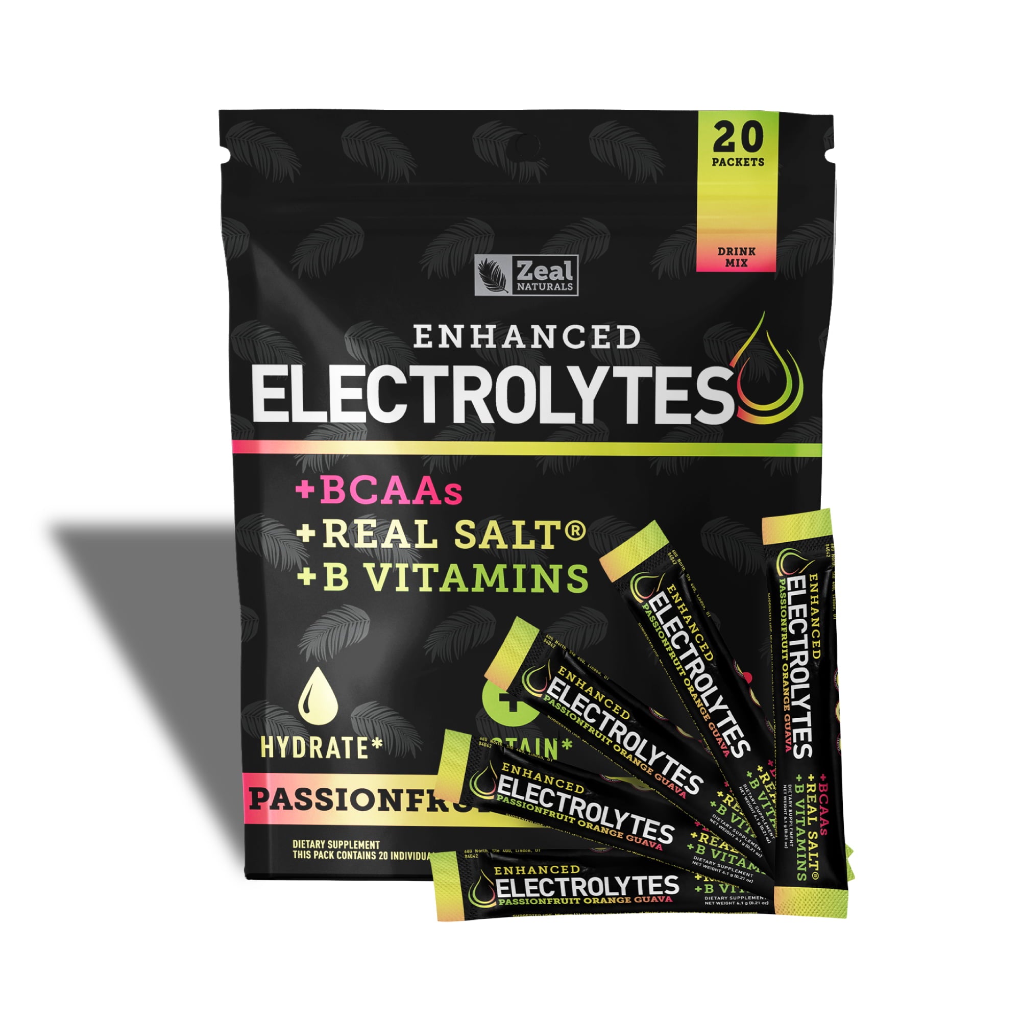 Passionfruit Orange Guava Flavor Zeal Enhanced Electrolytes. 20 Packets. BCAAs, Real Salt, B Vitamins.