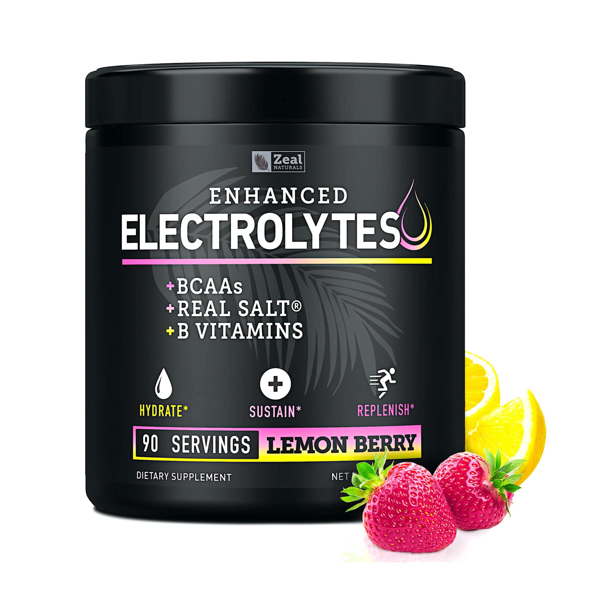 Zeal Naturals. Enhanced Electrolytes. BCAAs. Real Salt. B Vitamins. Hydrate*. Sustain*. Replenish*. 90 Servings. Lemon Berry. Dietary Supplement.